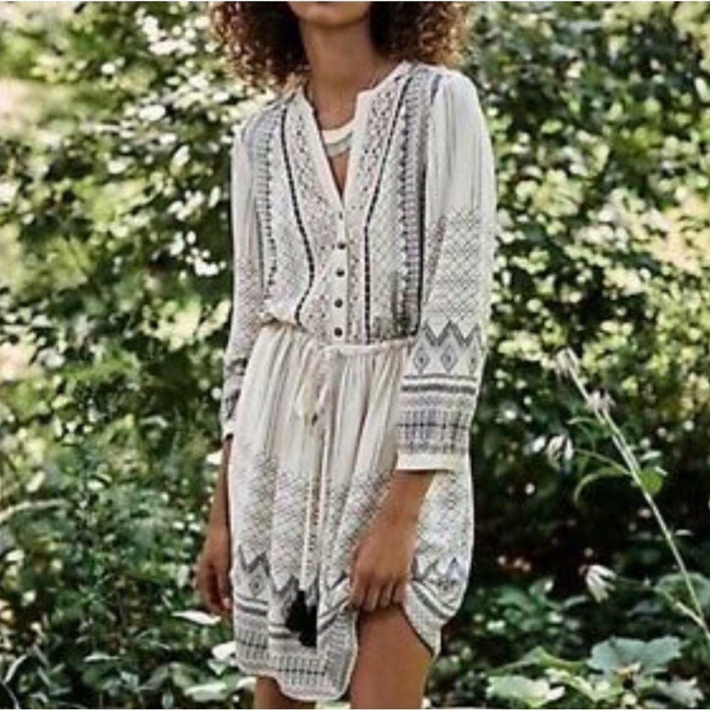Anthropologie Floreat Perrie boho Long Sleeve Dress Ivory and Black Size 4